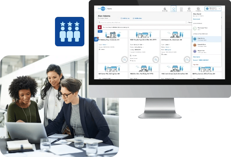 Dotloop for Teams Product Image on Desktop with Real Estate Agents Working Together Dotloop for Teams Product Image on Desktop with Real Estate Agents Working Together